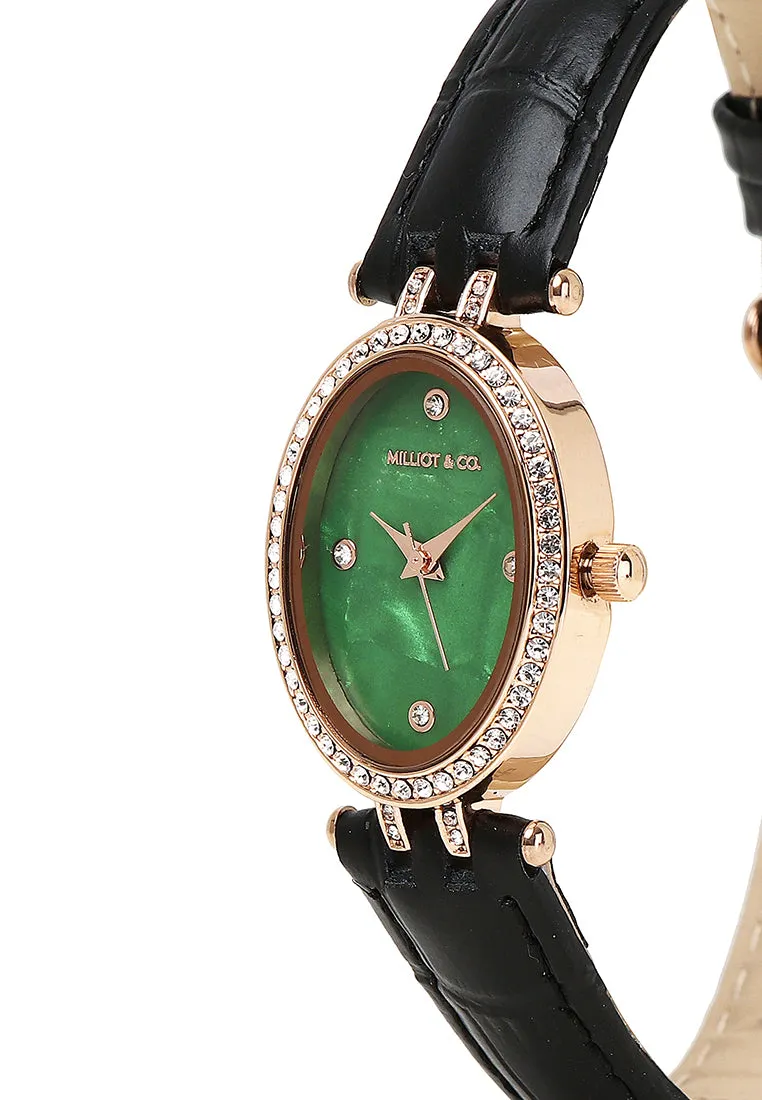 Ava Rose Gold Leather Watch with Bangle Set (Black)