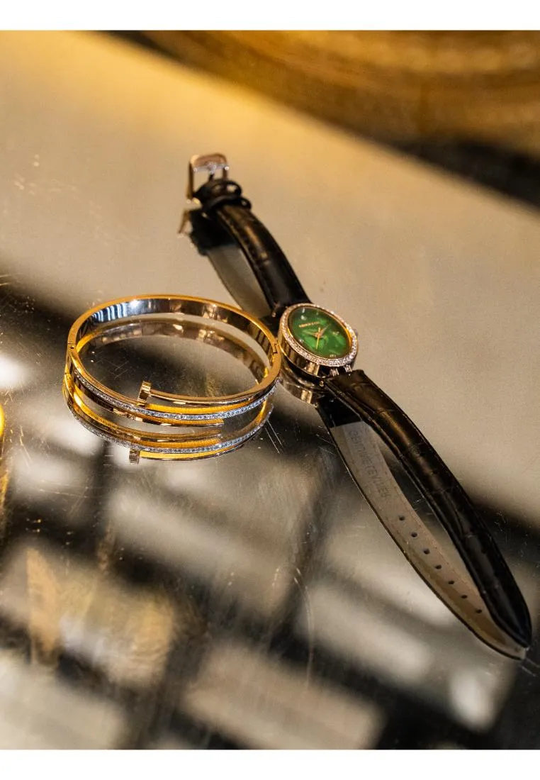 Ava Rose Gold Leather Watch with Bangle Set (Black)