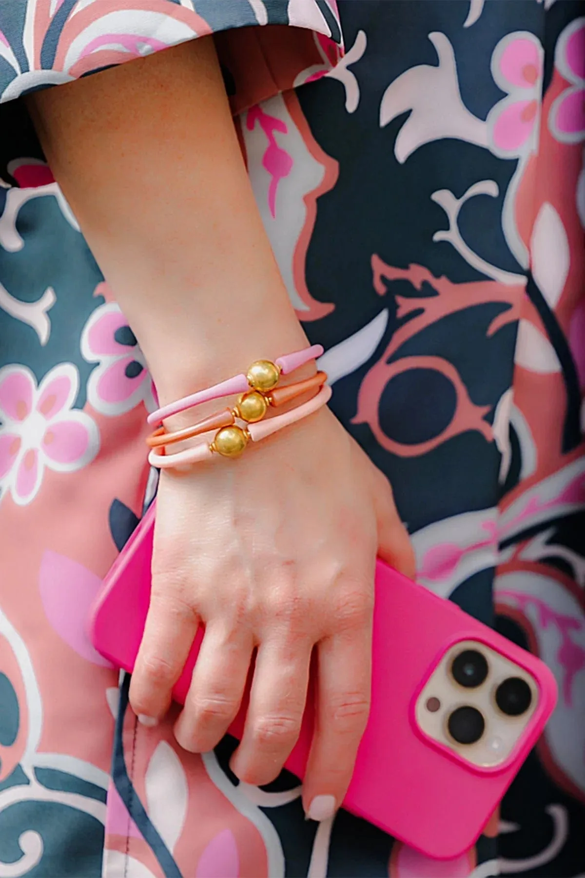 Bali 24K Gold Plated Bali Bead Silicone Bracelet - Bubblegum