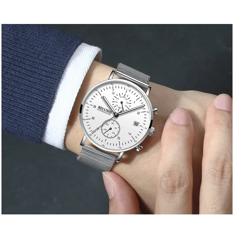 BELUSHI Fashion Watches Top Brand Luxury Ultra-Thin Mesh Steel Sport Quartz Watch Waterproof Clock Relogio Masculino