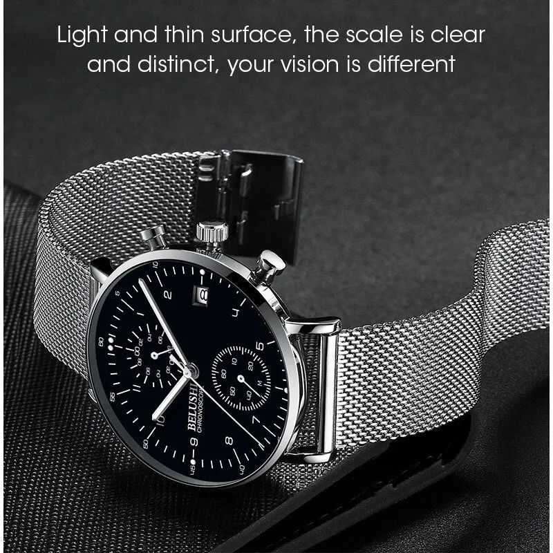 BELUSHI Fashion Watches Top Brand Luxury Ultra-Thin Mesh Steel Sport Quartz Watch Waterproof Clock Relogio Masculino