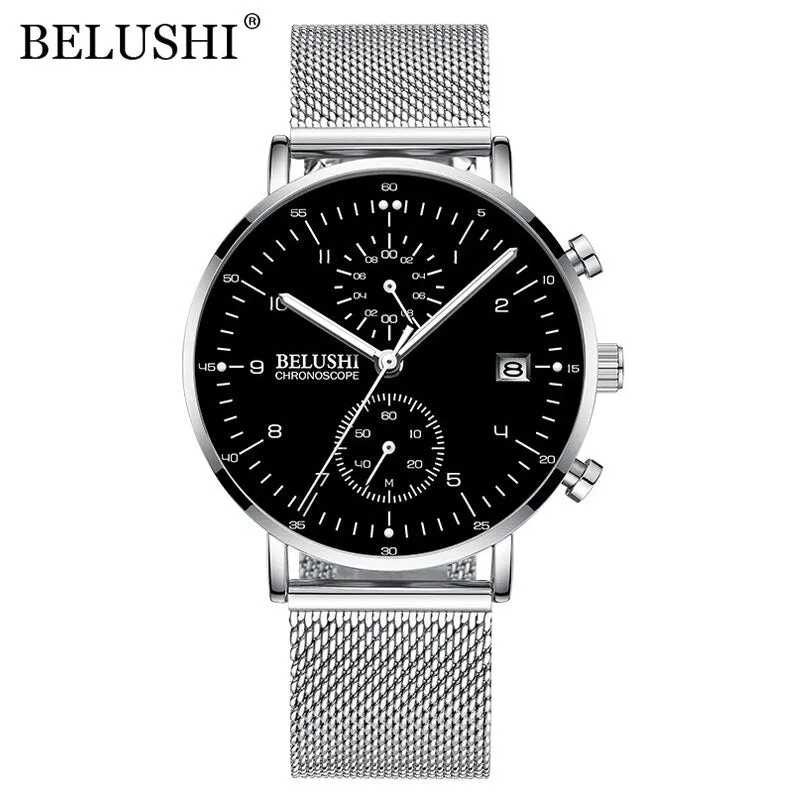 BELUSHI Fashion Watches Top Brand Luxury Ultra-Thin Mesh Steel Sport Quartz Watch Waterproof Clock Relogio Masculino
