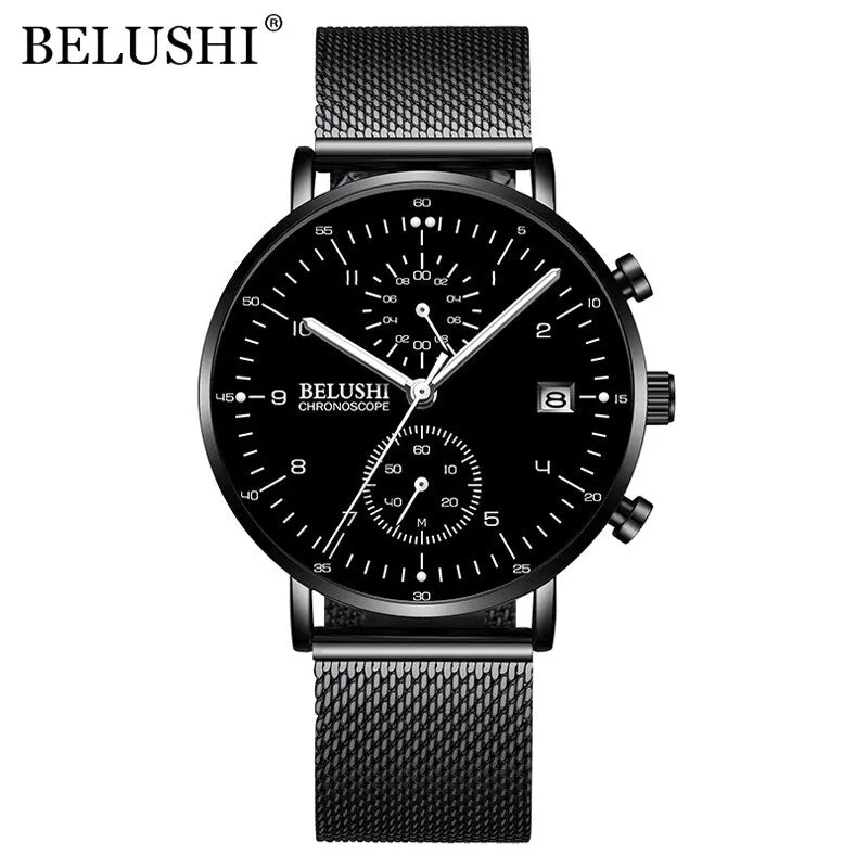 BELUSHI Fashion Watches Top Brand Luxury Ultra-Thin Mesh Steel Sport Quartz Watch Waterproof Clock Relogio Masculino