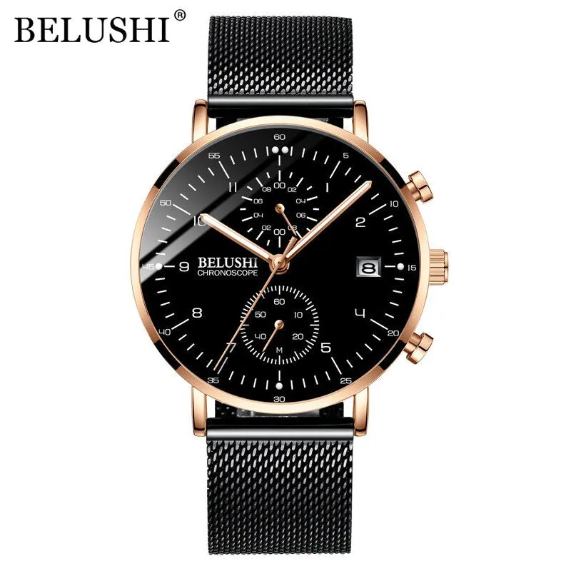 BELUSHI Fashion Watches Top Brand Luxury Ultra-Thin Mesh Steel Sport Quartz Watch Waterproof Clock Relogio Masculino
