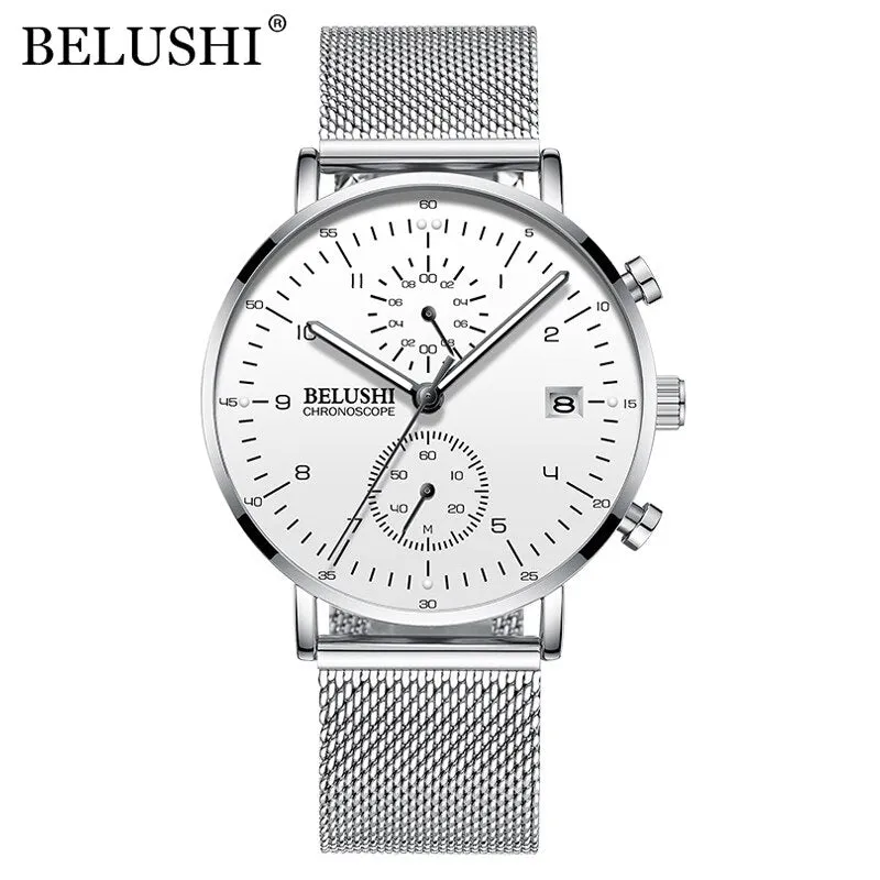 BELUSHI Fashion Watches Top Brand Luxury Ultra-Thin Mesh Steel Sport Quartz Watch Waterproof Clock Relogio Masculino