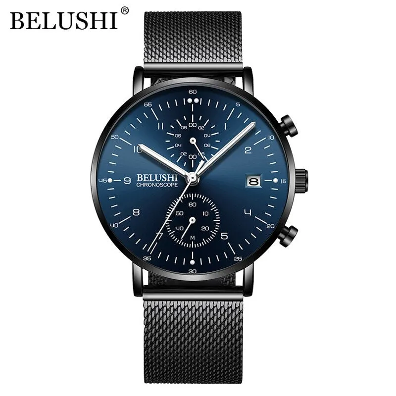 BELUSHI Fashion Watches Top Brand Luxury Ultra-Thin Mesh Steel Sport Quartz Watch Waterproof Clock Relogio Masculino