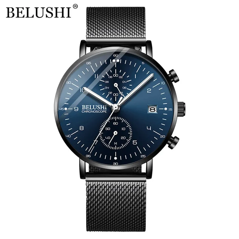 BELUSHI Fashion Watches Top Brand Luxury Ultra-Thin Mesh Steel Sport Quartz Watch Waterproof Clock Relogio Masculino