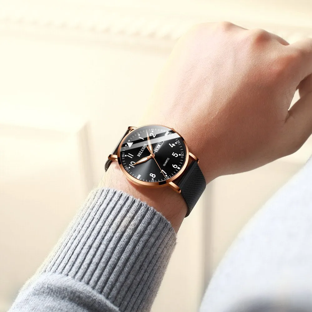 BELUSHI Men Watches Ultra-thin Waterproof Steel Mesh Quartz Watch Men Business Clock Date Calendar Wrist Watch Relogio Masculino