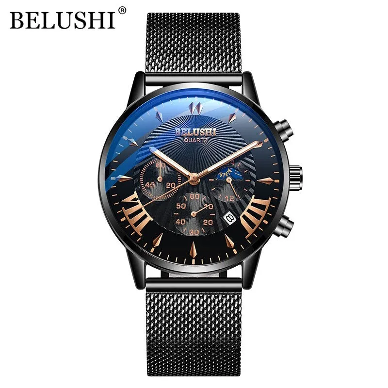 BELUSHI Top Brand Watch Luxury Sports Chronograph Quartz Wrist Watch Male Steel Mesh Waterproof Date Business Watches