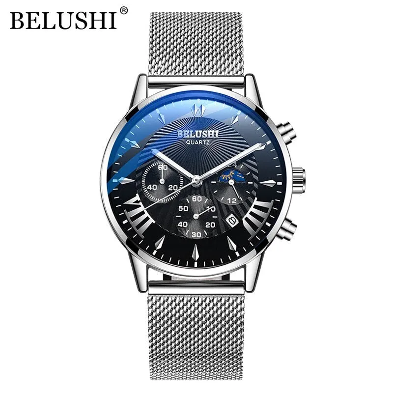 BELUSHI Top Brand Watch Luxury Sports Chronograph Quartz Wrist Watch Male Steel Mesh Waterproof Date Business Watches
