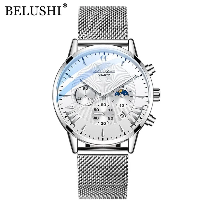 BELUSHI Top Brand Watch Luxury Sports Chronograph Quartz Wrist Watch Male Steel Mesh Waterproof Date Business Watches