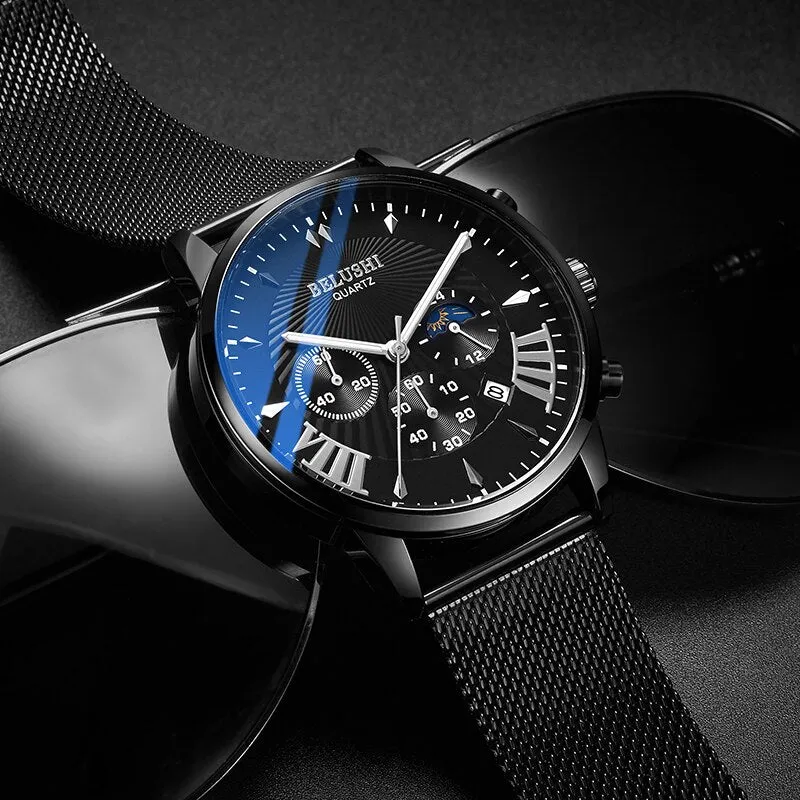 BELUSHI Top Brand Watch Luxury Sports Chronograph Quartz Wrist Watch Male Steel Mesh Waterproof Date Business Watches