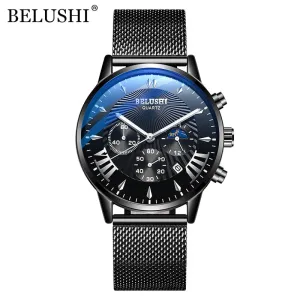 BELUSHI Top Brand Watch Luxury Sports Chronograph Quartz Wrist Watch Male Steel Mesh Waterproof Date Business Watches