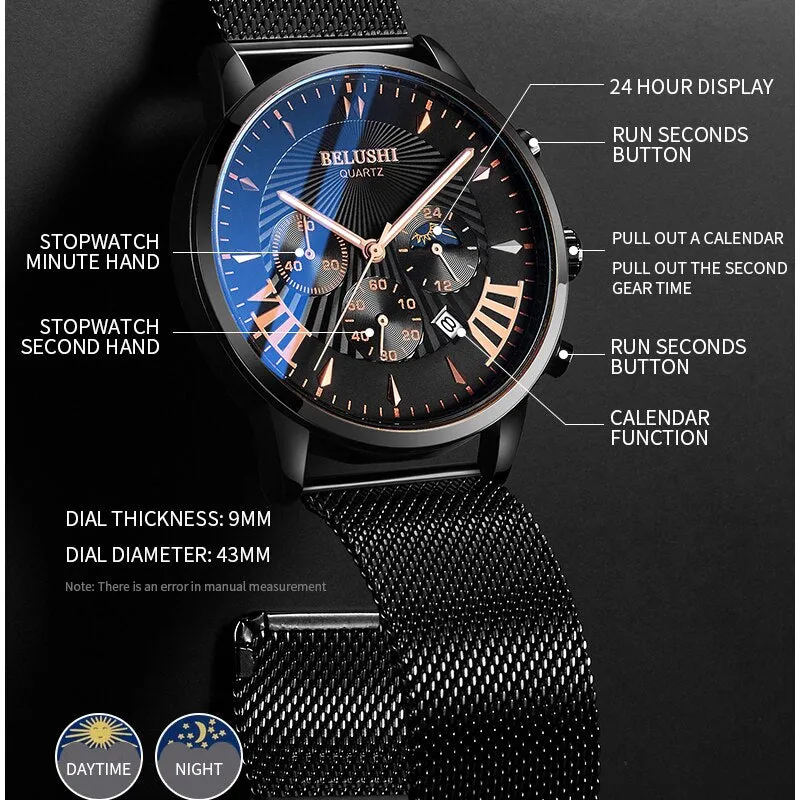 BELUSHI Top Brand Watch Luxury Sports Chronograph Quartz Wrist Watch Male Steel Mesh Waterproof Date Business Watches