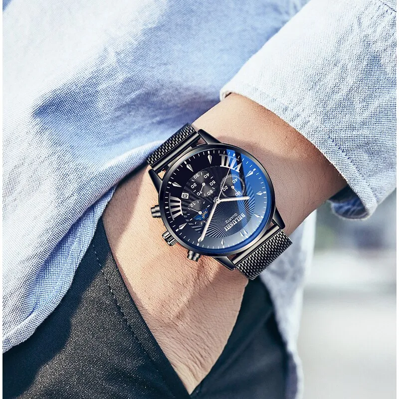 BELUSHI Top Brand Watch Luxury Sports Chronograph Quartz Wrist Watch Male Steel Mesh Waterproof Date Business Watches