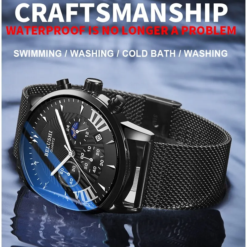 BELUSHI Top Brand Watch Luxury Sports Chronograph Quartz Wrist Watch Male Steel Mesh Waterproof Date Business Watches