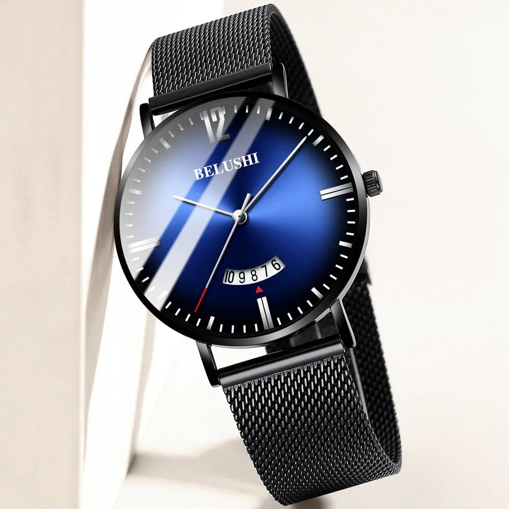 BELUSHI Ultra-thin Mesh Steel Watches Business Waterproof Clock Sport Quartz Watch Men Luxury Brand Date Analog Wrist Watch