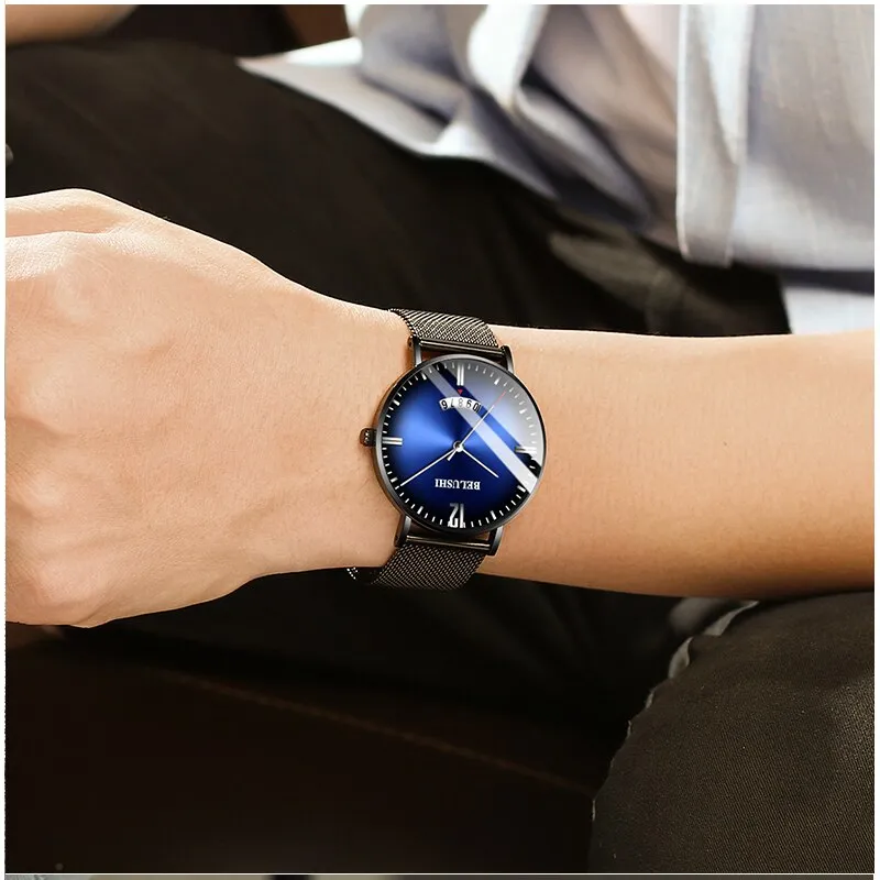 BELUSHI Ultra-thin Mesh Steel Watches Business Waterproof Clock Sport Quartz Watch Men Luxury Brand Date Analog Wrist Watch