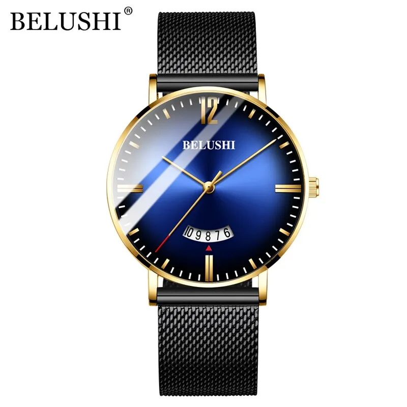 BELUSHI Ultra-thin Mesh Steel Watches Business Waterproof Clock Sport Quartz Watch Men Luxury Brand Date Analog Wrist Watch