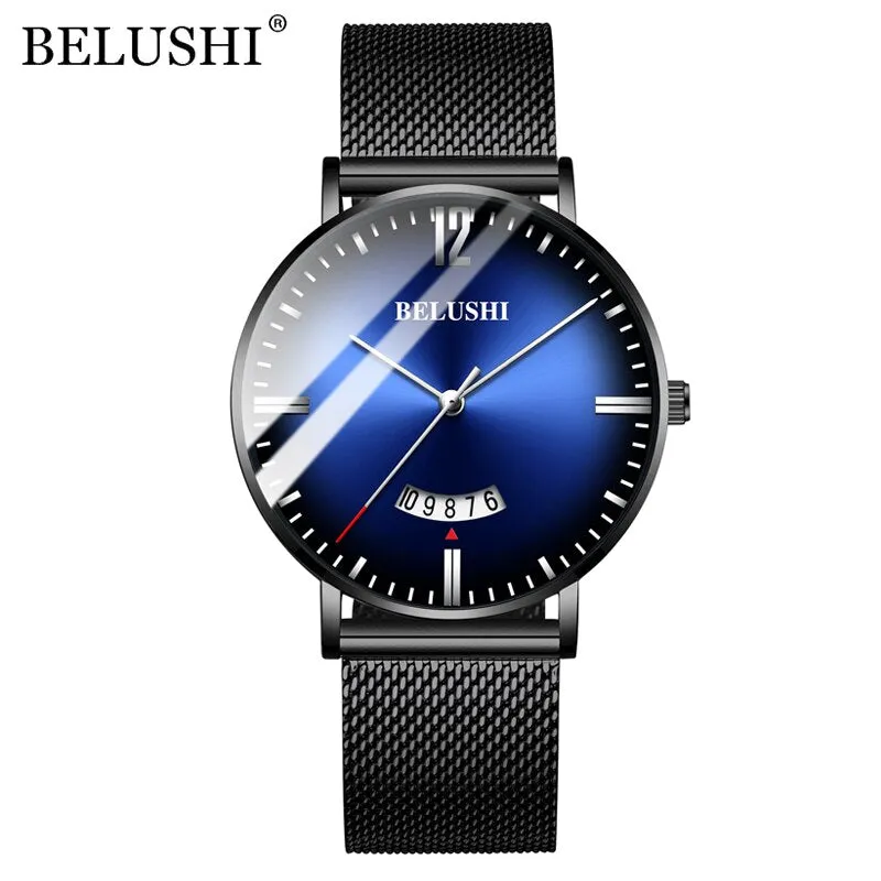 BELUSHI Ultra-thin Mesh Steel Watches Business Waterproof Clock Sport Quartz Watch Men Luxury Brand Date Analog Wrist Watch