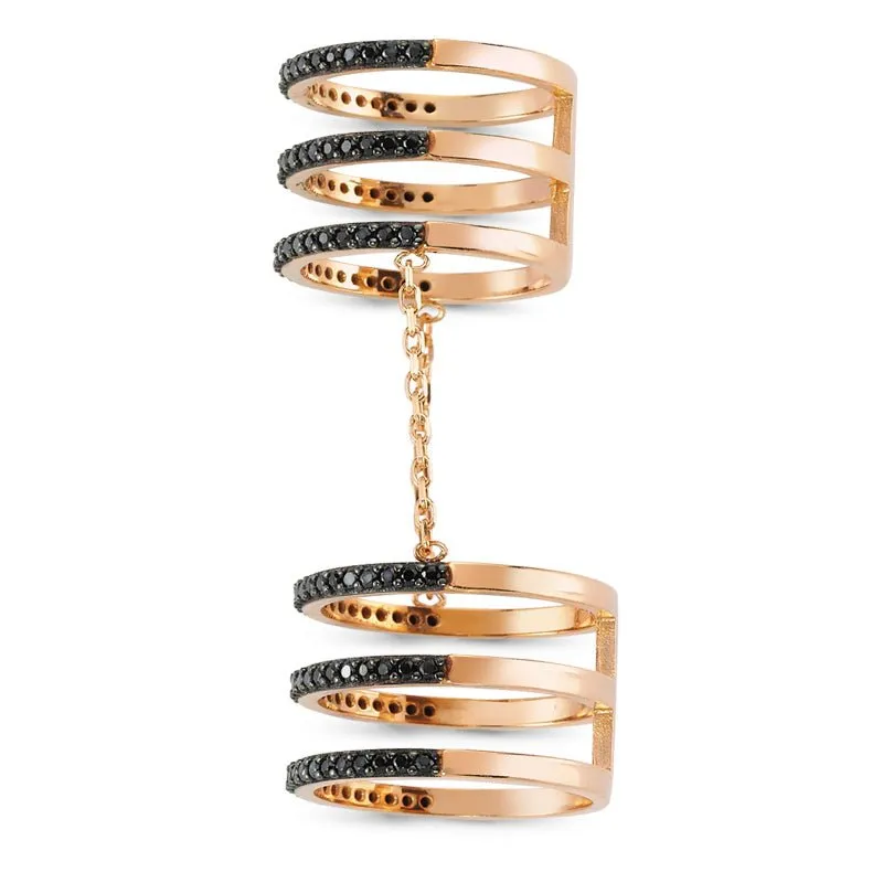 Black CZ Crystal Triple Band Linked Silver Stacked Ring - Handmade 925 Sterling Silver with 18K Rose Gold, 18K Gold or Rhodium Plating