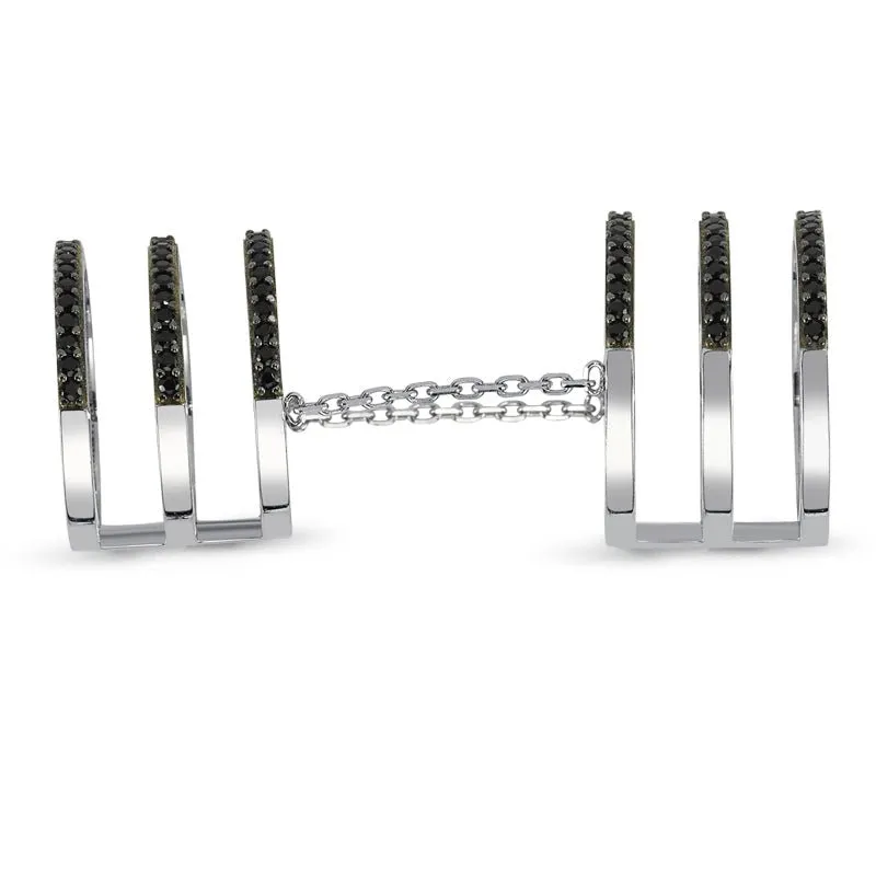 Black CZ Crystal Triple Band Linked Silver Stacked Ring - Handmade 925 Sterling Silver with 18K Rose Gold, 18K Gold or Rhodium Plating