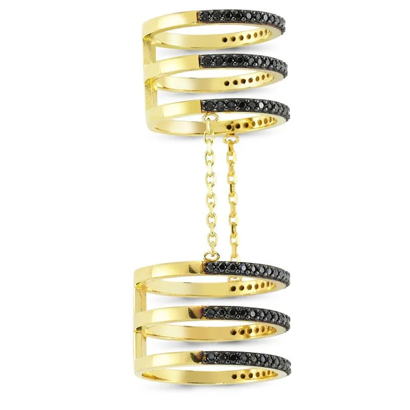 Black CZ Crystal Triple Band Linked Silver Stacked Ring - Handmade 925 Sterling Silver with 18K Rose Gold, 18K Gold or Rhodium Plating