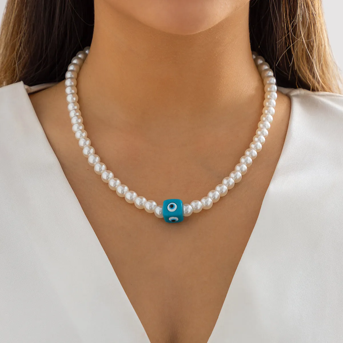 Blue Acrylic & Pearl Evil Eye Cube Pendant Necklace