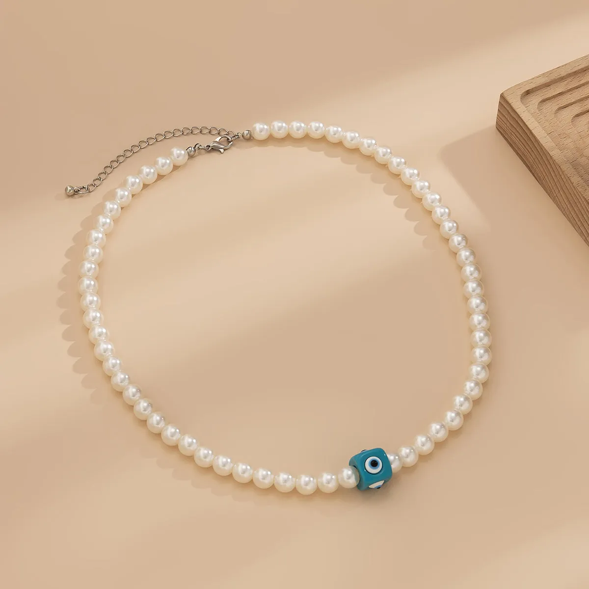 Blue Acrylic & Pearl Evil Eye Cube Pendant Necklace