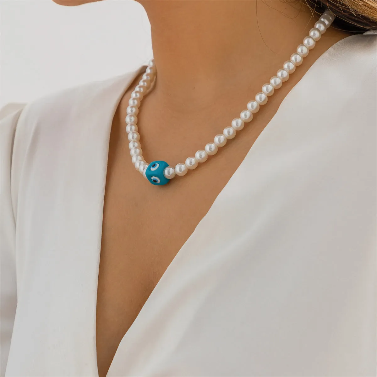 Blue Acrylic & Pearl Evil Eye Cube Pendant Necklace