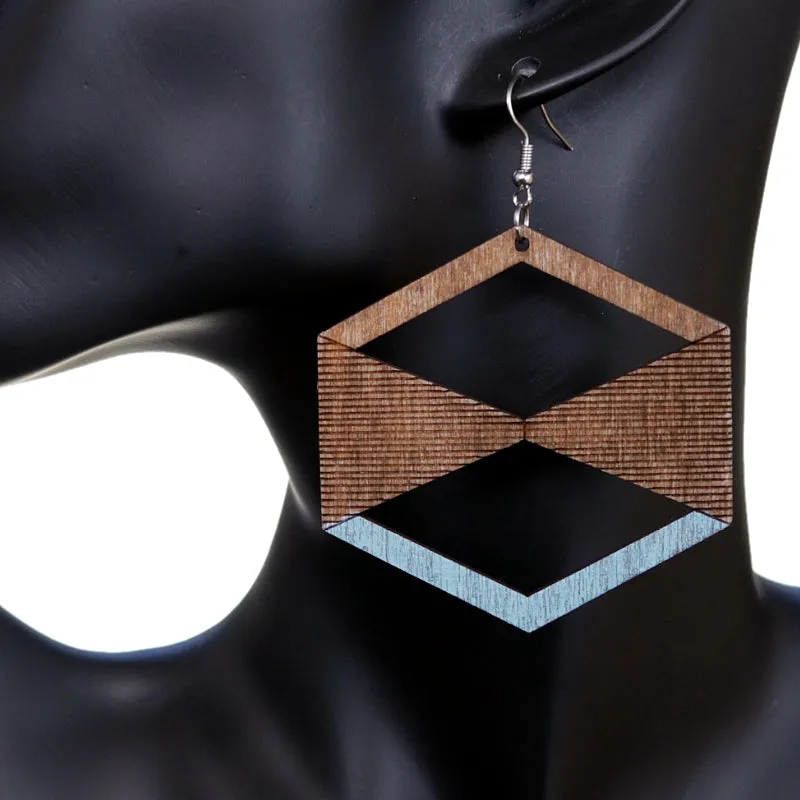Blue Brown Geometric Wooden Earrings