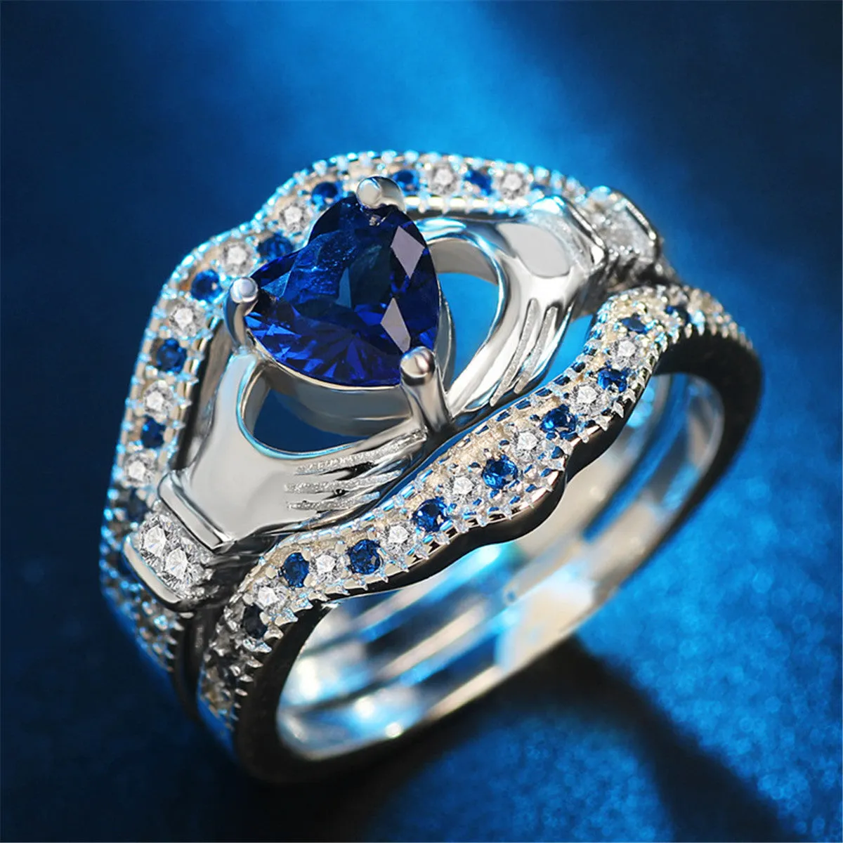 Blue Crystal & Cubic Zirconia Silver-Plated Claddagh Ring - Set Of Three