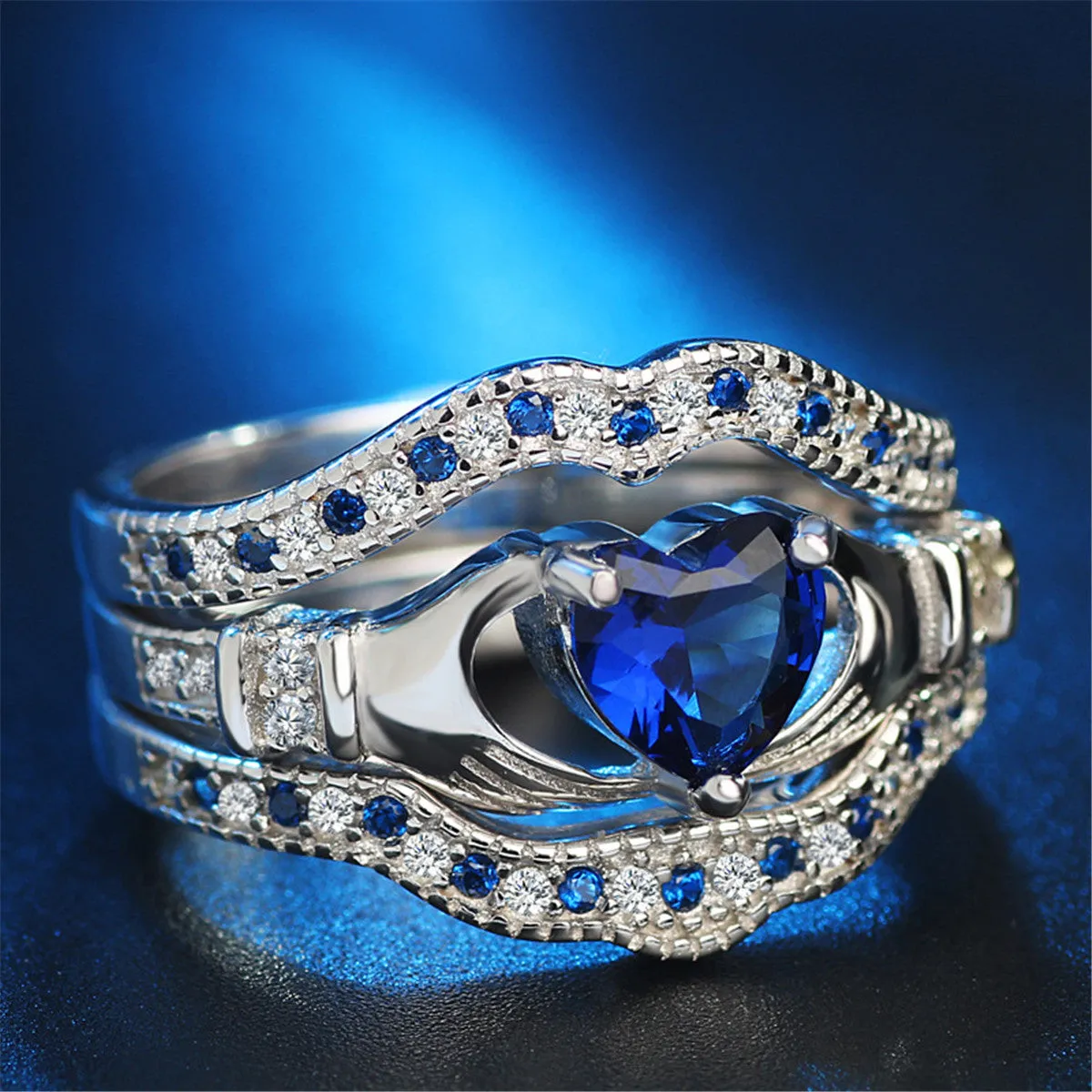 Blue Crystal & Cubic Zirconia Silver-Plated Claddagh Ring - Set Of Three