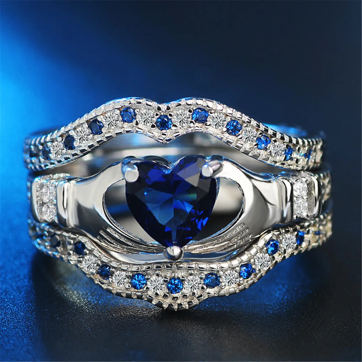 Blue Crystal & Cubic Zirconia Silver-Plated Claddagh Ring - Set Of Three