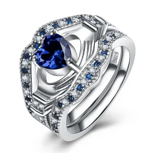 Blue Crystal & Cubic Zirconia Silver-Plated Claddagh Ring - Set Of Three