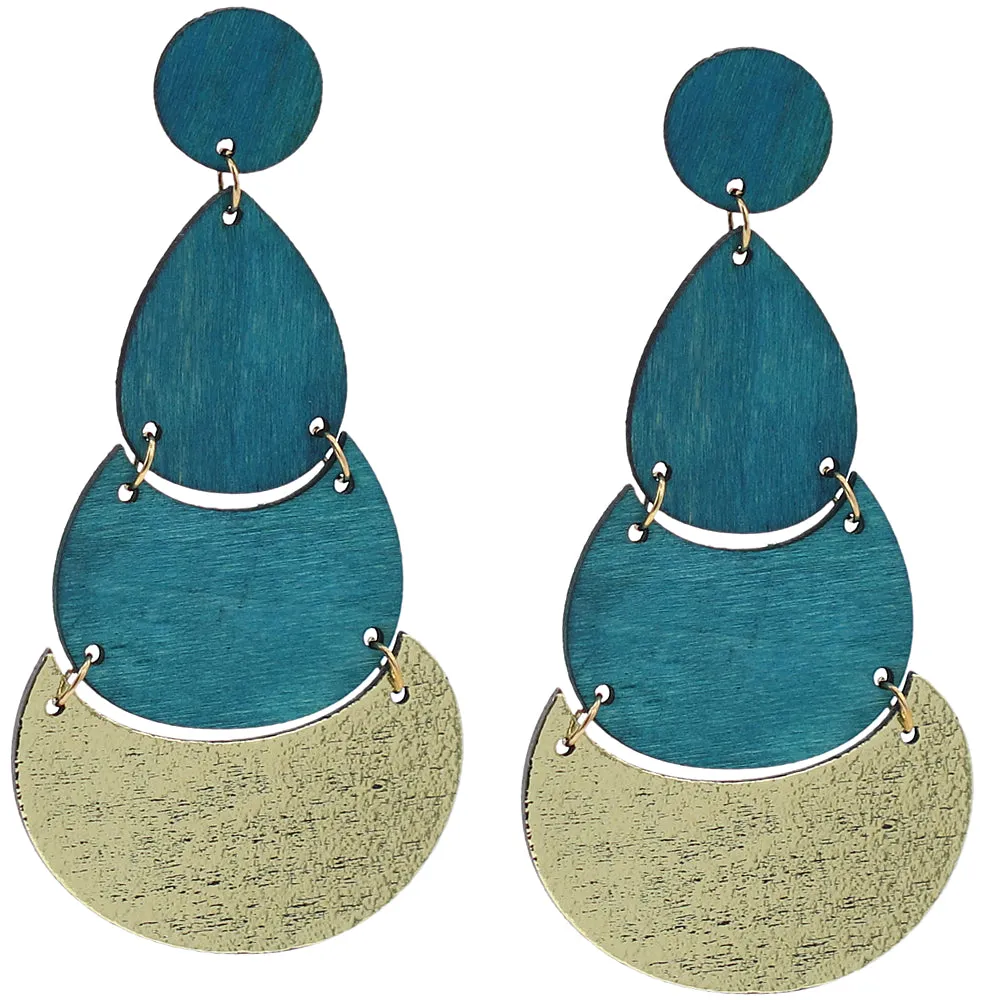 Blue Geometric Wooden Link Earrings