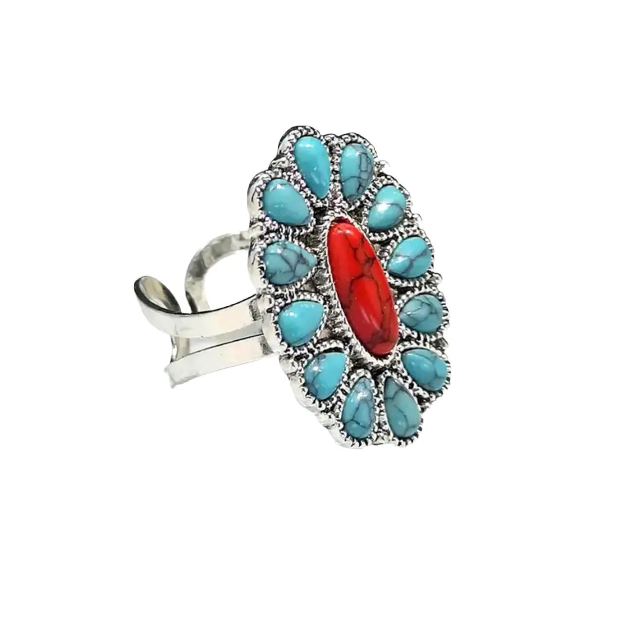 Blue Red Turquoise Oval Ring