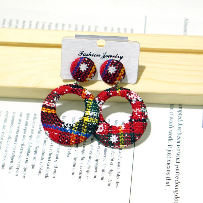 Buy One, Get One Free. Fashionable and Individual Christmas Earrings, Geometric Circular Checkered Cloth Stud Earrings, Popular Earrings for Women, Christmas Gifts C-240805-3