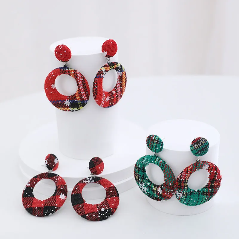 Buy One, Get One Free. Fashionable and Individual Christmas Earrings, Geometric Circular Checkered Cloth Stud Earrings, Popular Earrings for Women, Christmas Gifts C-240805-3