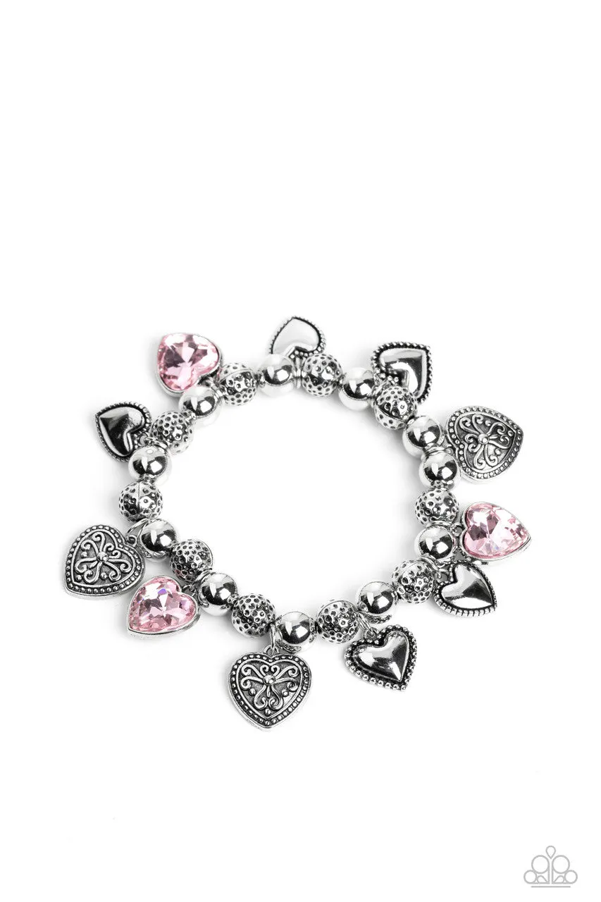 Charming Crush - Pink - Heart Gem Silver Filigree Paparazzi Stretchy Bracelet