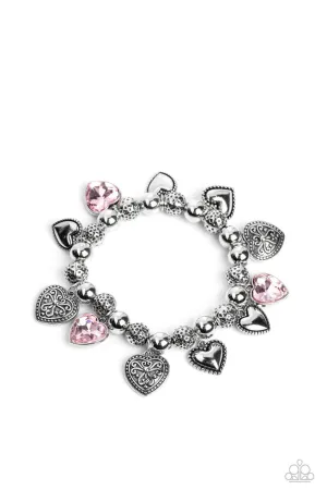 Charming Crush - Pink - Heart Gem Silver Filigree Paparazzi Stretchy Bracelet