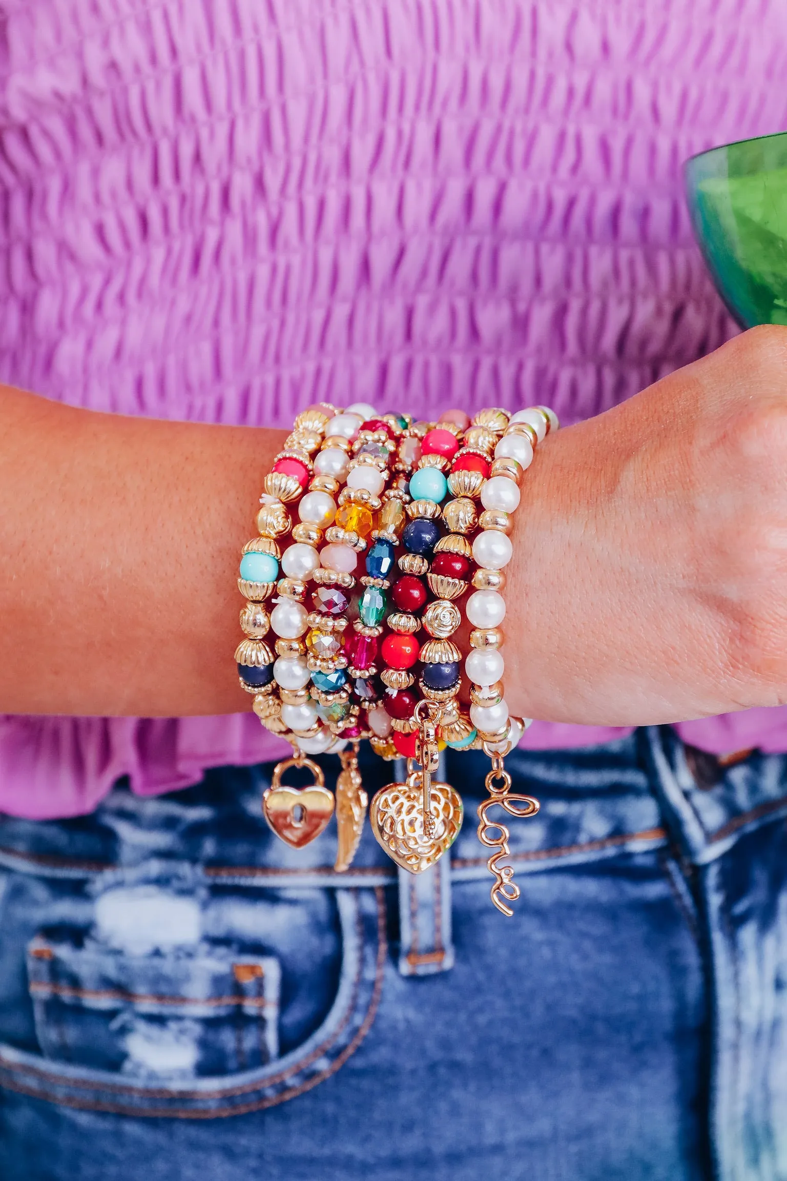 Charming Crystal And Pearl Bracelet Set - Multi