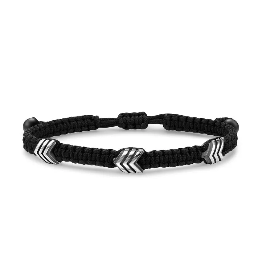 Chevron Black Nylon Woven Station Bracelet with Sterling Silver and Black Onyx, 8.6mm, Size Medium