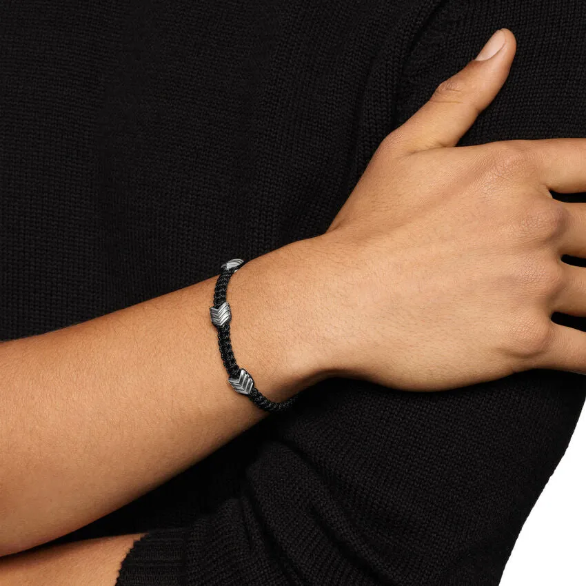 Chevron Black Nylon Woven Station Bracelet with Sterling Silver and Black Onyx, 8.6mm, Size Medium