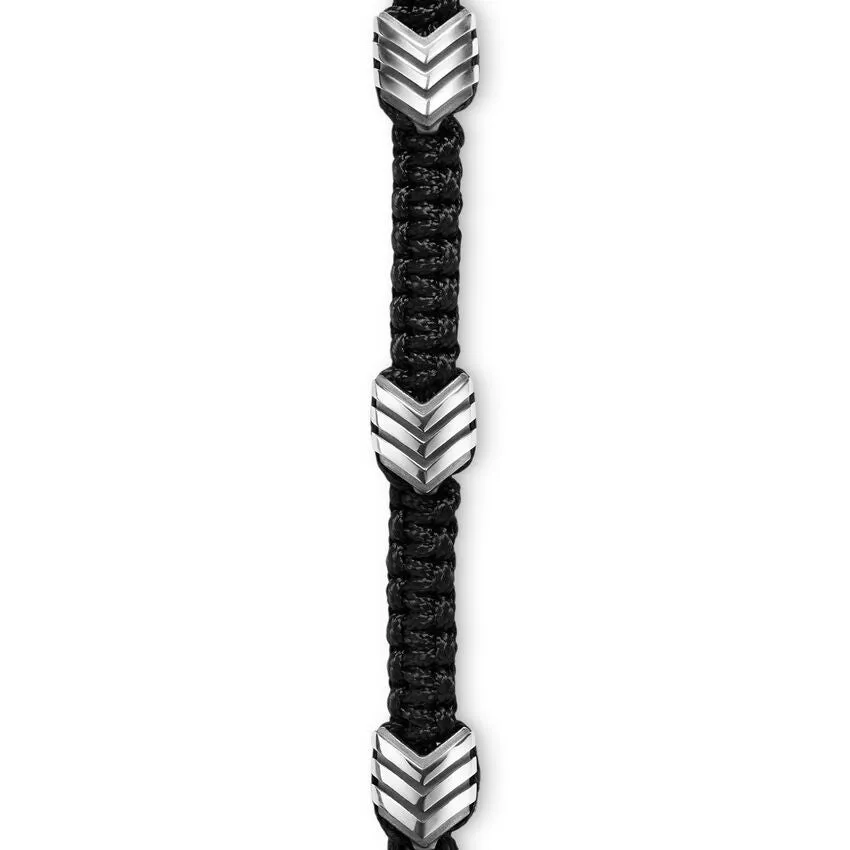 Chevron Black Nylon Woven Station Bracelet with Sterling Silver and Black Onyx, 8.6mm, Size Medium