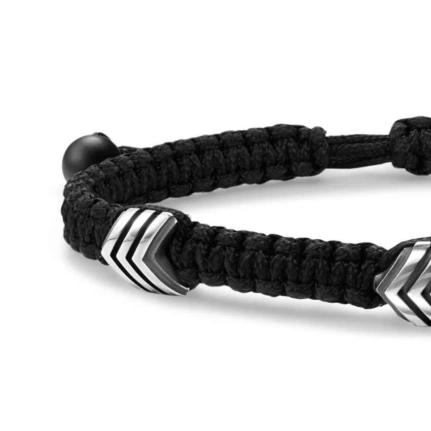 Chevron Black Nylon Woven Station Bracelet with Sterling Silver and Black Onyx, 8.6mm, Size Medium