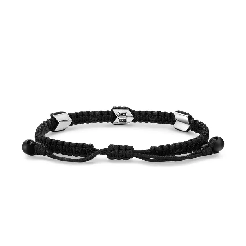 Chevron Black Nylon Woven Station Bracelet with Sterling Silver and Black Onyx, 8.6mm, Size Medium