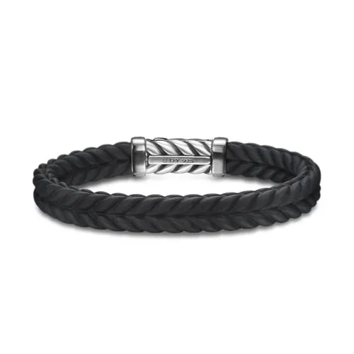Chevron Bracelet in Black Rubber with Diamonds and Sterling Silver, 9mm, Size Large