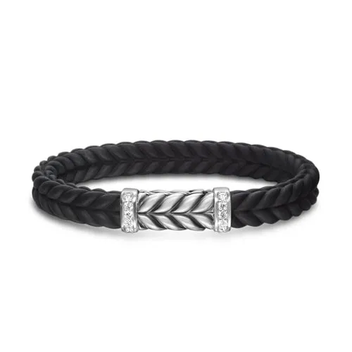 Chevron Bracelet in Black Rubber with Diamonds and Sterling Silver, 9mm, Size Large
