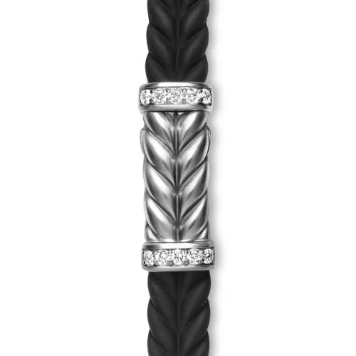 Chevron Bracelet in Black Rubber with Diamonds and Sterling Silver, 9mm, Size Large